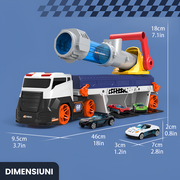 Camion cu Mașinuțe pentru Copii – Tun Lansator, Lumini, Sunete și 10 Vehicule Incluse