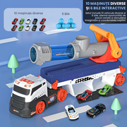 Camion cu Mașinuțe pentru Copii – Tun Lansator, Lumini, Sunete și 10 Vehicule Incluse