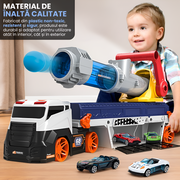 Camion cu Mașinuțe pentru Copii – Tun Lansator, Lumini, Sunete și 10 Vehicule Incluse